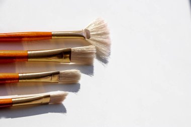İzole edilmiş beyaz arka planda farklı şekil ve boyutlarda boya fırçaları. Resim için fırça takımı.