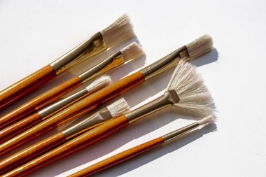 İzole edilmiş beyaz arka planda farklı şekil ve boyutlarda boya fırçaları. Resim için fırça takımı.