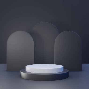 Arka planda siyah kaidesel podyumun 3 boyutlu canlandırması, güzellik kozmetik ürünü için soyut minimal podyum boşluğu, temiz tasarım minimalist model sahne sütun sahnesi