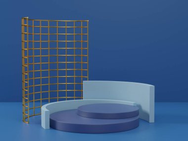 Arka planda 3 boyutlu klasik mavi kaide podyumu, güzellik kozmetik ürünü için soyut minimal podyum boşluğu, temiz tasarım minimalist model sahne sahnesi.
