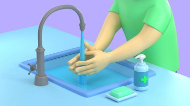 3d illustrate young cartoon man using soap and alcohol jel for sanitize cleansing hand from corona virus ncov or covid-19 avoid infection. clipart