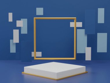 Arka planda 3 boyutlu klasik mavi kaide podyumu, güzellik kozmetik ürünü için soyut minimal podyum boşluğu, temiz tasarım minimalist model sahne sahnesi.