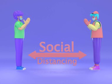 3D çizim. Thai Wai, Sosyal Mesafe, enfeksiyon riski ve hastalık için mesafeyi koruyan insanlar, virüs Covid-19 'u önlemek için koruyucu maske takıyorlar. Sağlık hizmeti kavramı.
