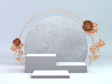 Kozmetik için klasik beyaz ve altın podyum oluşturun veya çiçek halka 3D arkaplan ürünü ile dekore edilen herhangi bir nesne.