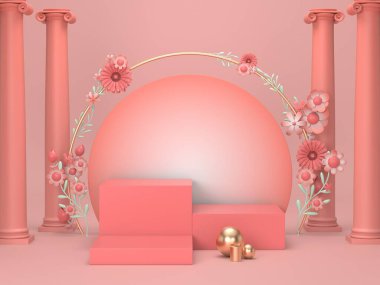 3D sunucu lüks kozmetik standı. Kozmetik için pembe podyum. Roma ve çiçek tasarımlı 3D kozmetik arka plan.