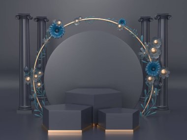 Siyah ürünün 3D görüntüsü Güzellik Kozmetik ürünleri ya da herhangi bir nesne için podyum arka planındadır. 3d Podyum Müsveddesini Klasik Tarzla.