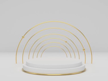 Beyaz altın kaplama podyumun arka planda 3 boyutlu canlandırması, güzellik kozmetik ürünü için soyut minimal podyum boşluğu, temiz tasarım minimalist modelleme sahnesi sütun durağı sahnesi