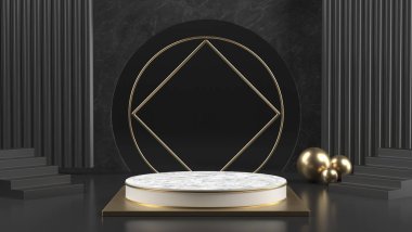 Kozmetik veya başka bir ürün için siyah beyaz mermer podyumun 3D görüntüsü.