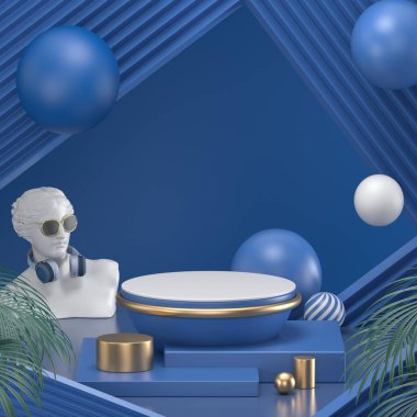 3 boyutlu görüntüleme. Asgari soyut arkaplan. Boş maket, boş duvar, moda podyumu, boş kaide, silindir merdivenler, sahne içi, vitrin. Modern konsept. 2020 'nin klasik mavi rengi