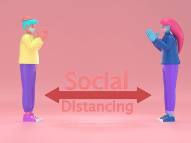 3D çizim. Thai Wai, Sosyal Mesafe, enfeksiyon riski ve hastalık için mesafeyi koruyan insanlar, virüs Covid-19 'u önlemek için koruyucu maske takıyorlar. Sağlık hizmeti kavramı.