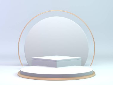 Kozmetik veya güzellik ürünleri için klasik beyaz ve altın podyumu 3D arka plan gevşek podyumu.