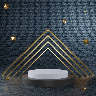Siyah altın kaplama podyumun açıkça arka planda canlandırılması, güzellik kozmetik ürünü için soyut minimal podyum boşluğu, temiz tasarım minimalist modelleme sahnesi sütun durağı sahnesi