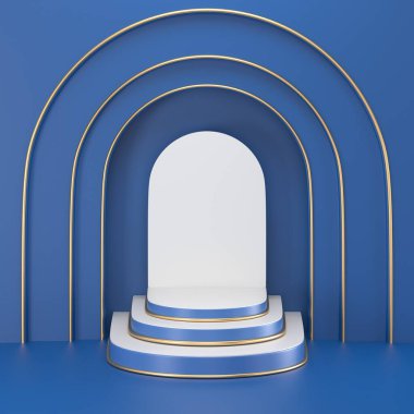 3 boyutlu görüntüleme. Asgari soyut arkaplan. Boş maket, boş duvar, moda podyumu, boş kaide, silindir merdivenler, sahne içi, vitrin. Modern konsept. 2020 'nin klasik mavi rengi