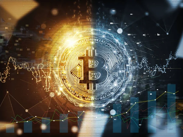 Bitcoin altın para fütüristik ağ iş konsepti. Medya dünya çapında teknoloji bağlantısı ve para kavramı.