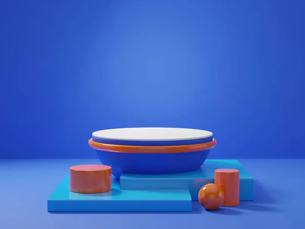 Arka planda 3 boyutlu klasik mavi kaide podyumu, güzellik kozmetik ürünü için soyut minimal podyum boşluğu, temiz tasarım minimalist model sahne sahnesi.
