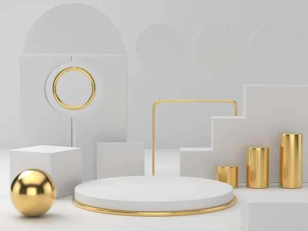 Beyaz altın kaplama podyumun arka planda 3 boyutlu canlandırması, güzellik kozmetik ürünü için soyut minimal podyum boşluğu, temiz tasarım minimalist modelleme sahnesi sütun durağı sahnesi