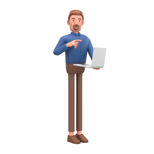Laptoplu yakışıklı bir çizgi film karakteri portresi. 3d illüstrasyon.