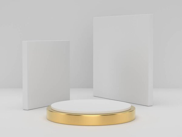 3D rendering of white gold pedestal podium on clearly background, abstract  minimal podium blank space for beauty cosmetic product,Clean design luxury minimalist mockup stage round pillar stand scene