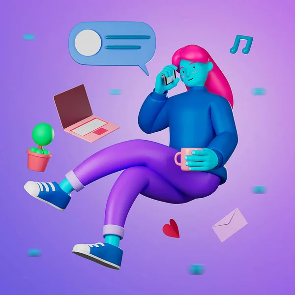 3D illüstrasyon karikatür genç sıradan kadın süzülüyor ve bilgisayar laptopunu evde ya da online eğitimde çalışırken virüs salgını covid-19 'dan karantinaya alınıyor..