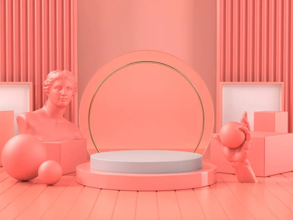 Imagem Renderização Pódio Rosa Escultura Romana Clássica Para Marca Cosméticos — Fotografia de Stock