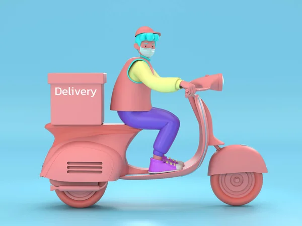 3d illustrate.Fast and free delivery by scooter for Food service mobile E-commerce concept. Online food order graphic Webpage, app design, delivery home and office Warehouse