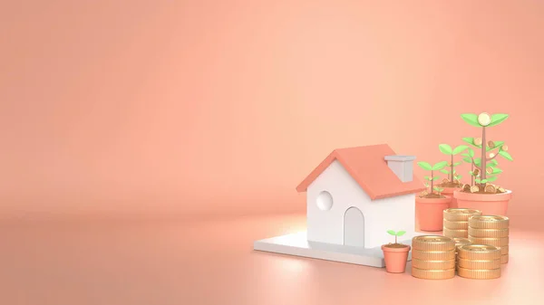 3Dレンダリングイメージの家成長上の美しいピンクの背景装飾でツリーコインお金 — ストック写真