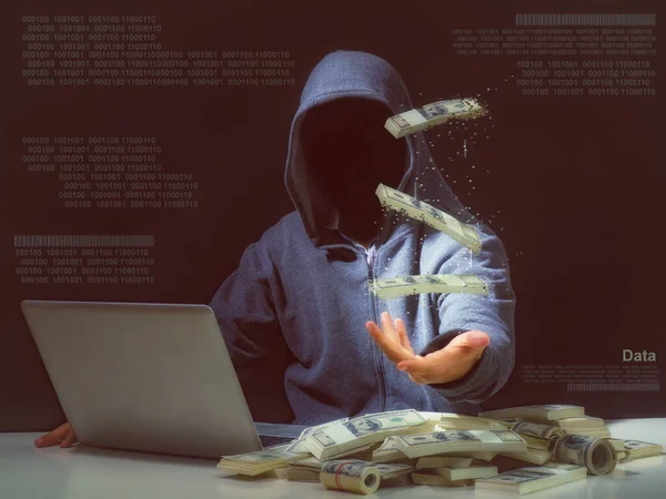 Cyber Ataque Con Hacker Hacker Encapuchado Irreconocible Robar Dinero Oficina — Foto de Stock