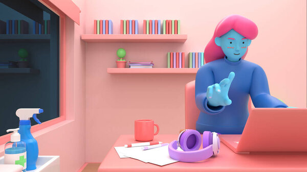 3D рендеринг девушка с ноутбуком сидит на стуле с помощью ноутбука для онлайн-работы или обучения образования во время карантина от коронавируса covid-19.Freelance или изучения концепции. Симпатичный 3D-стиль иллюстрации
.