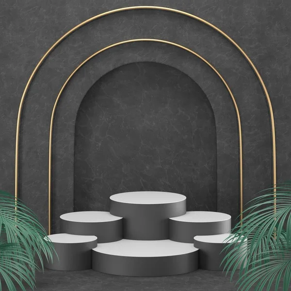 Weergave Van Zwart Podium Geometrie Met Gouden Elementen Abstract Geometrische — Stockfoto