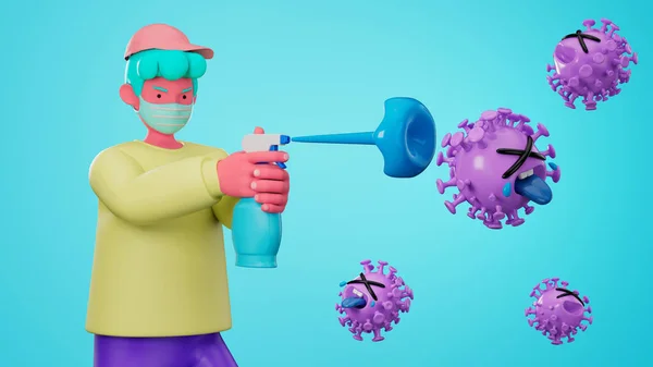3D karikatür karakteri alkol jeli kullanarak grip ve korona virüsü COVID-19 'u koruyor..