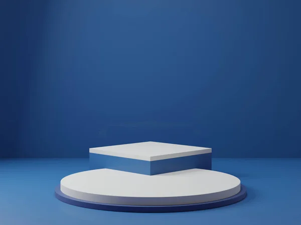 Arka planda 3 boyutlu klasik mavi kaide podyumu, güzellik kozmetik ürünü için soyut minimal podyum boşluğu, temiz tasarım minimalist model sahne sahnesi.
