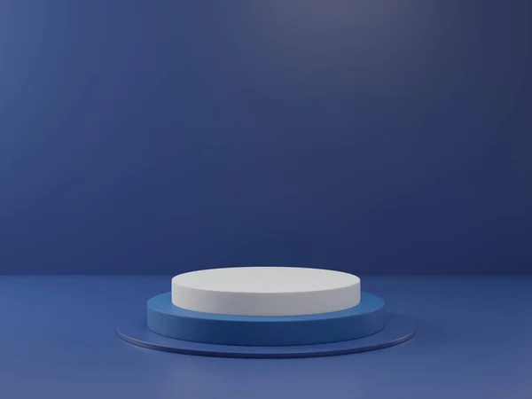 Arka planda 3 boyutlu klasik mavi kaide podyumu, güzellik kozmetik ürünü için soyut minimal podyum boşluğu, temiz tasarım minimalist model sahne sahnesi.