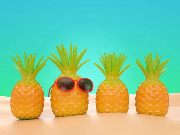 3D, plaj tatilinde ananas standı.