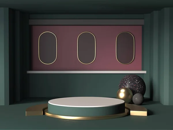Geometrik podyum ürününün 3d arkaplan görüntüsü. Koyu yeşil ve kırmızı renk sanat deco tasarımı. Lüks podyum tasarımı..