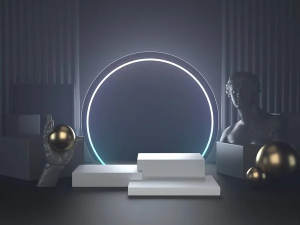 Beyaz podyumun fütürizm neon ışığı ve kozmetik markası veya diğer ürünler için klasik heykel üzerine 3D görüntüsü.