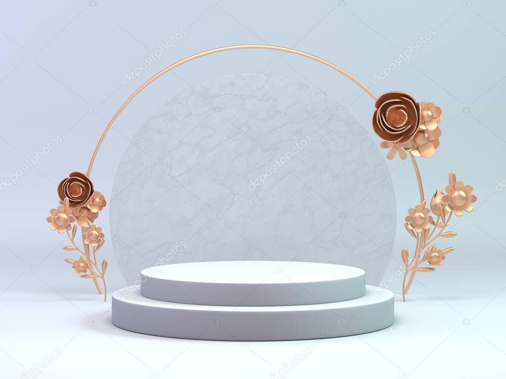 3d render classic white and gold podium for cosmetic or any object decorate with flower ring.3d background object display product.