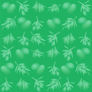 Yeşil arka planda zeytin dalları deseni. Arkaplan, ambalaj, tabaklar, kutular, defterler, ambalaj kağıdı, kumaş baskısı için kullanılabilir.