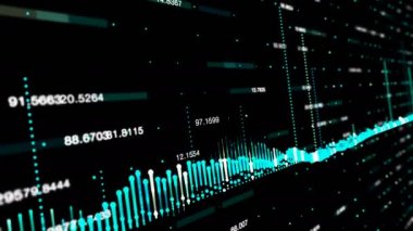 Büyüyen grafikler ve akan sayılar içeren soyut bir arkaplan. Finansal rakamlar ve şemalar artan kârları gösteriyor