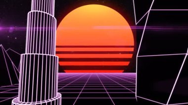 Retro futuristik synth kılavuz cityscape