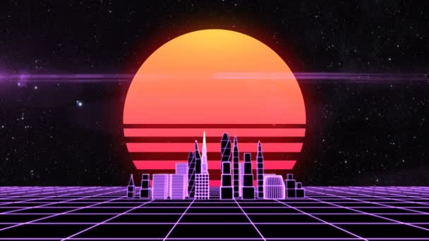 Retro futurista sintetizador cuadrícula paisaje urbano — Vídeos de Stock