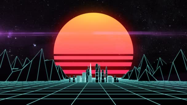 Retro futurista sintetizador cuadrícula paisaje urbano — Vídeos de Stock