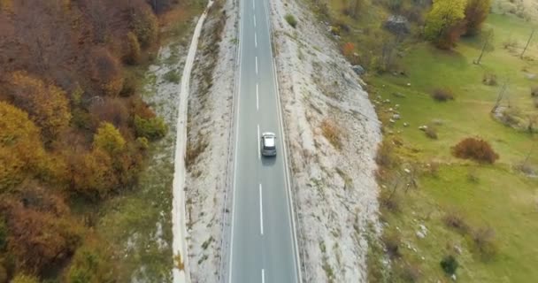 Повітряний вид на розкішний автомобіль, що їде по заміській дорозі — стокове відео