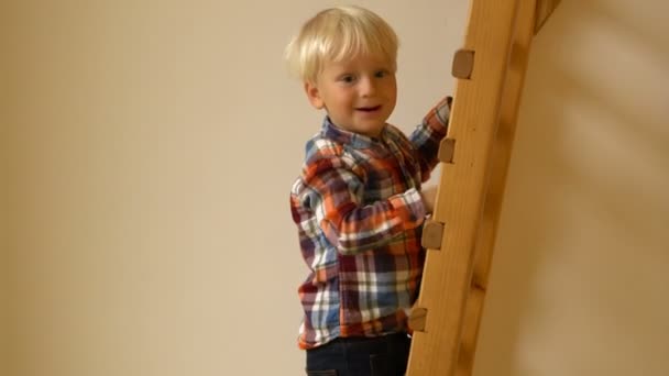 Маленький Хлопчик Скелелазіння Драбини Дитячому Саду Приміщенні — стокове відео