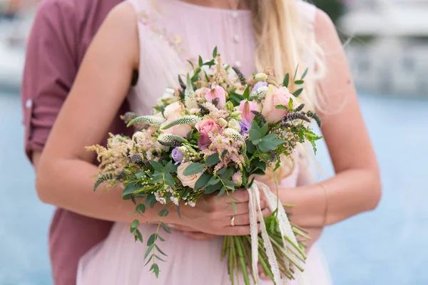 Gorgeous rustic wedding bouquet of various flowers and herbs — Stock Photo, Image