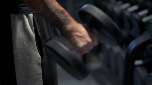 Guy buigen wapens met halters in zijn handen, training van de gymnastiek — Stockvideo