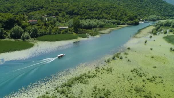 摩托艇漂浮在克诺耶维察河上，被睡莲框住 — 图库视频影像