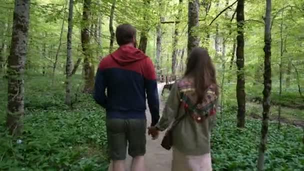 Paret promenerar längs en skogs stig — Stockvideo