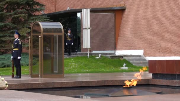 Moskou, Rusland-20 juli 2019: de eeuwige vlam brandt, Overwinnings monument aan de muur van het Kremlin, in Alexander Garden. — Stockvideo