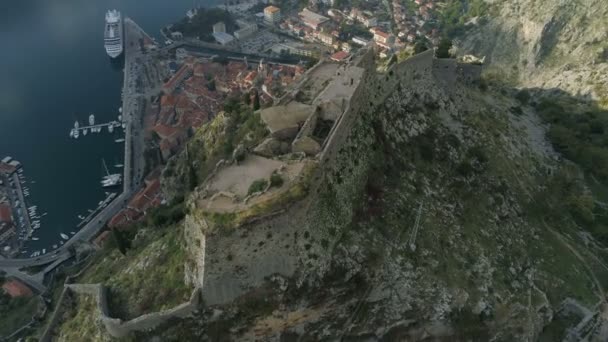 Aerial view of the old fortress of the city of Kotor — Stock Video