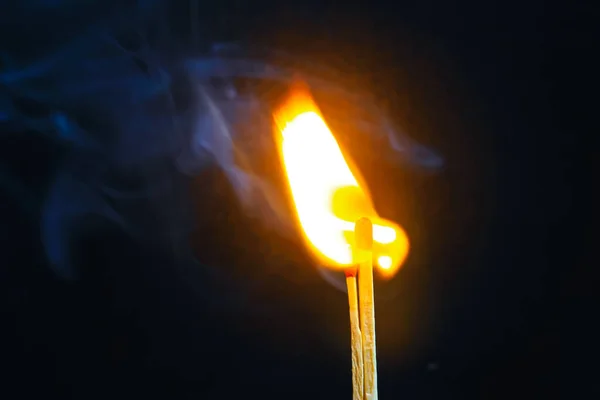 Couple Matches Burning Together Heat Flame Isolated Black Background — Stock Photo, Image